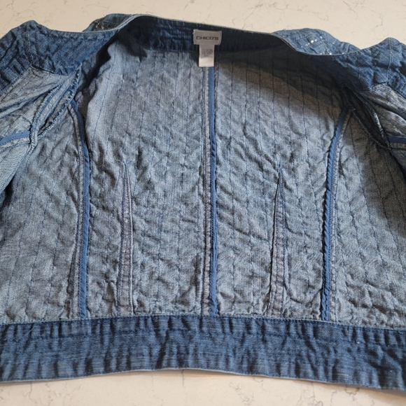 Chico's 100%cotton all sequins open front blue jean jacket size 1 Medium - Picture 10 of 16